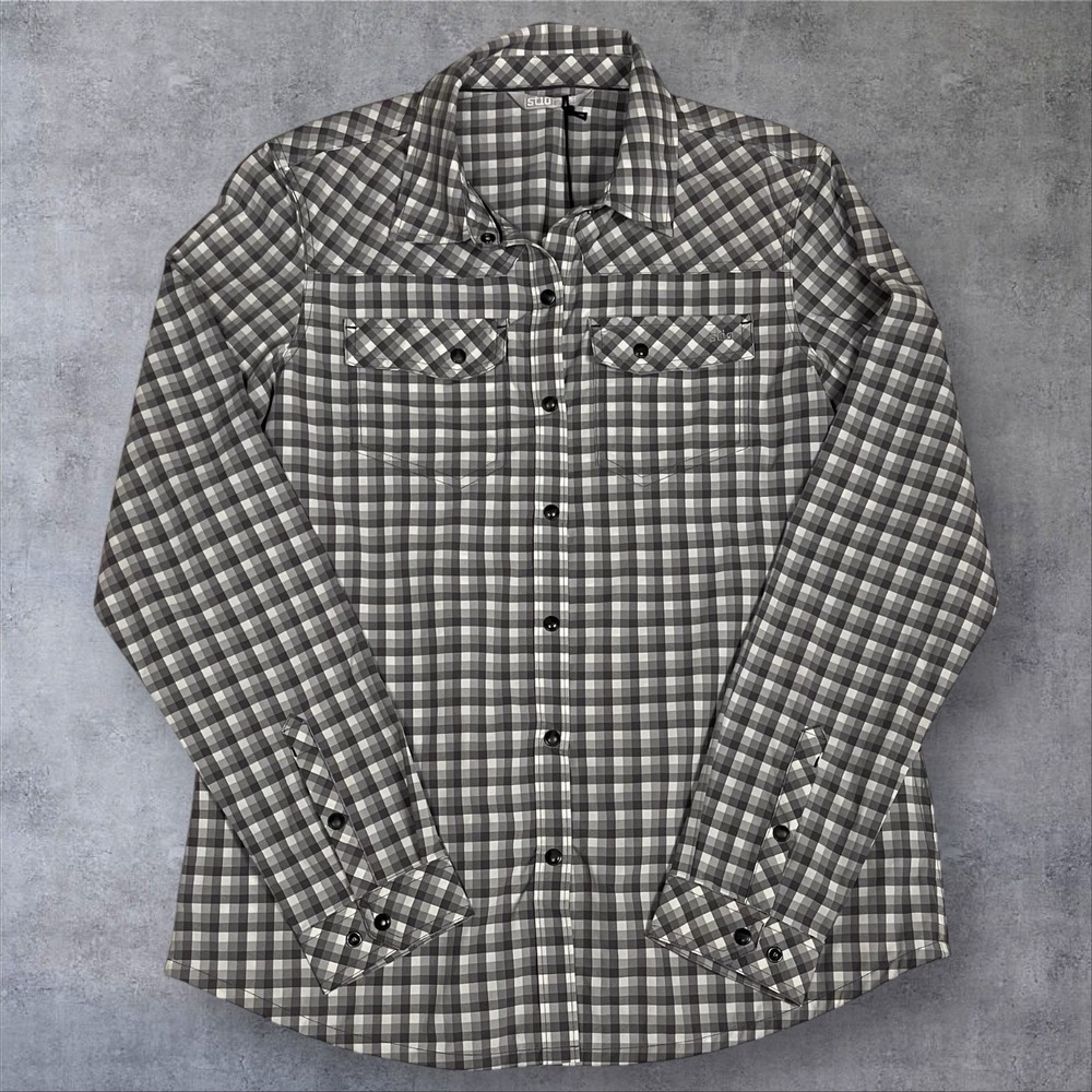 Stio Eddy Shirt LS Womens L Alloy Check Plaid Snap Button Outdoor Hiking‎ Trail